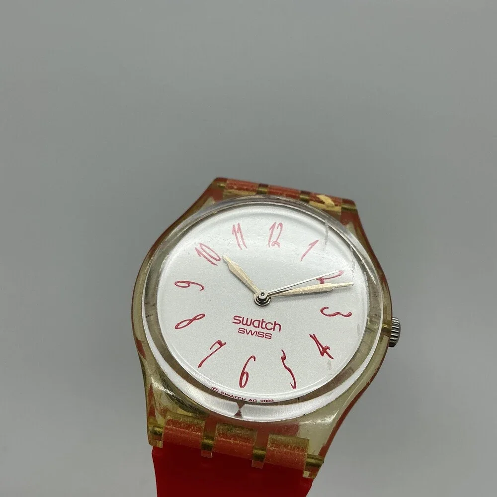 Swatch Lady Infusion Womens Watch 34mm White Dial Red Strap Swiss New Battery